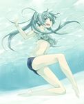  :d air_bubble bare_legs barefoot bikini bikini_top breasts bubble denim denim_shorts feet floating_hair freediving frilled_bikini frills green_eyes green_hair hide38 legs long_hair medium_breasts navel official_art open_mouth ponytail seabed short_shorts shorts smile solo swimming swimsuit takako_(seabed) underwater 