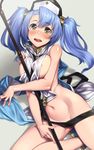  areola_slip areolae black_panties blue_hair blush breasts brown_eyes commentary_request granblue_fantasy h_kasei hat large_breasts long_hair navel open_mouth panties solo sophia_(granblue_fantasy) staff twintails underwear 