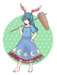  animal_ears bad_id bad_pixiv_id barefoot blue_hair bunny_ears dress hand_on_hip highres kine mallet niwatori_(shimatori042) over_shoulder red_eyes seiran_(touhou) solo star star_print touhou 