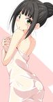  ass bangs bare_shoulders black_hair blunt_bangs breast_hold breasts chestnut_mouth cowboy_shot from_behind green_eyes hair_bun hamaguchi_ayame highres idolmaster idolmaster_cinderella_girls looking_at_viewer looking_back naked_towel natsu_(anta_tte_hitoha) parted_lips pink_background sidelocks simple_background solo sweatdrop tied_hair towel white_background 