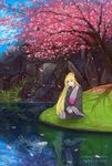  bishamonten_(noragami) blonde_hair blue_sky catfish consectetur day fish grass hair_bun highres japanese_clothes kimono lake long_hair looking_down mountain noragami petals plant purple_eyes reflection seiza sitting sky solo tree very_long_hair water waterfall watermark web_address 