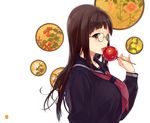  black_serafuku brown_hair candy_apple food from_side glasses licking long_hair neckerchief original sasamori_tomoe school_uniform serafuku solo tongue 