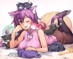  :3 ;d =_= ahoge animal animal_ears animal_on_back animal_on_head animal_on_shoulder bell black_legwear blush breasts cat cat_ears cat_tail fang fish gebyy-terar jingle_bell large_breasts legwear_under_shorts long_hair looking_at_viewer lying no_shoes on_head on_stomach one_eye_closed open_mouth original pantyhose pantyhose_under_shorts purple_eyes purple_hair ribbed_sweater ribbon short_shorts shorts sleeveless smile solo sweater sweater_vest tail tail_bell tail_ornament tail_ribbon too_many too_many_cats yarn yarn_ball 