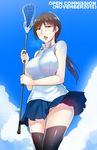  blush breasts brown_eyes brown_hair heart heart-shaped_pupils highres idolmaster idolmaster_cinderella_girls kairos+ lacrosse_stick large_breasts long_hair looking_at_viewer nitta_minami no_panties open_mouth ponytail solo symbol-shaped_pupils thighhighs wind wind_lift 