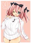  a-iueo blue_eyes blush bow breasts buruma commentary_request hair_bow heart heart-shaped_pupils hibari_(senran_kagura) highres large_breasts looking_at_viewer one_eye_closed open_mouth pink_hair plump senran_kagura senran_kagura_shoujo-tachi_no_shin'ei short_hair short_twintails smile solo sweater symbol-shaped_pupils twintails v 