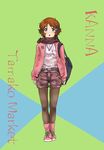  bad_id bad_pixiv_id bag brown_eyes brown_hair earphones highres jacket kanau legwear_under_shorts makino_kanna pantyhose pantyhose_under_shorts scarf short_hair shorts solo standing tamako_market 