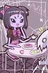  big_cat_shan black_hair blush bug chair character_name croissant cup doughnut extra_eyes fangs food hair_ribbon highres insect_girl monster monster_girl muffet muffet's_pet multiple_arms open_mouth plate ribbon silk sitting spider spider_girl spider_web table teacup teapot undertale 