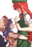  bow braid food hat hong_meiling hug long_hair looking_at_another mouth_hold multiple_girls open_mouth pocky purple_hair red_hair remilia_scarlet short_hair short_sleeves skirt terimayo touhou wings 
