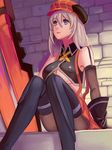  alisa_ilinichina_amiella black_footwear black_legwear blue_eyes boots breasts elbow_gloves fingerless_gloves gloves god_eater god_eater_burst hat highres huge_weapon large_breasts long_hair pantyhose ryuuno6 silver_hair sitting skirt solo thigh_boots thighhighs underboob weapon 