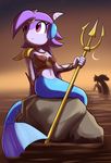  2015 anthro armor bracers breasts dragon female fog freedom_planet goshaag leather marine melee_weapon merfolk midriff moon navel necklace polearm purple_eyes purple_scales sash_lilac scales sea solo star trident video_games water weapon 