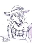  alternate_costume commentary elf hat isaki_tanaka magiquone monochrome neptune_(series) pointy_ears sigh signature sketch source_request table tea 