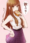  brown_eyes brown_hair cake casual fate/extra fate/grand_order fate_(series) food fruit kishinami_hakuno_(female) long_hair nopo_(patter) plaid plaid_skirt skirt sleeveless solo swiss_roll translated 