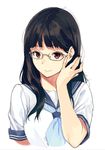  adjusting_eyewear bangs black_hair blunt_bangs commentary_request glasses glasses_day hair_tucking hands original sasamori_tomoe school_uniform serafuku simple_background smile solo upper_body white_background 