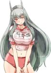  breasts buruma commentary_request ex-keine fang gym_uniform horns impossible_clothes impossible_shirt kamishirasawa_keine large_breasts long_hair navel red_eyes shirt silver_hair smile solo touhou translation_request very_long_hair yohane 