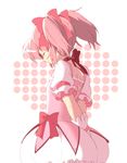  back_cutout bubble_skirt closed_eyes commentary_request gloves hair_ribbon highres kaname_madoka kurihara_mao magical_girl mahou_shoujo_madoka_magica pink_hair ribbon short_hair short_twintails sketch skirt smile solo twintails white_gloves 
