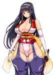  bare_shoulders black_hair blue_eyes blush breasts cleavage elbow_gloves food fruit gloves groin hair_ornament hairband hairclip highleg ishimiso_(ishimura) large_breasts long_hair looking_at_viewer original peach solo sword thighs weapon 