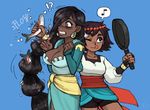  2girls ;p ajna_(indivisible) bike_shorts blue_background bracelet braid breasts bridal_gauntlets cleavage commentary dark_skin earrings eighth_note emlan english_commentary fish frying_pan indivisible jewelry large_breasts long_hair medium_breasts multiple_girls musical_note one_eye_closed spoken_musical_note thorani_(indivisible) tongue tongue_out very_long_hair wet wet_hair 