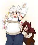  2girls :d animal_ears belly_grab big_belly blush breasts brown_hair commentary_request d: detached_sleeves fang fat groping hitotsubashi_inari imaizumi_kagerou inubashiri_momiji large_breasts long_hair long_skirt multiple_girls no_hat no_headwear open_mouth plump pom_pom_(clothes) red_eyes short_hair silver_hair skindentation skirt smile surprised tail thick_thighs thighs touhou v-shaped_eyebrows very_long_hair wolf_ears wolf_tail 