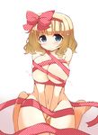  3: blonde_hair blue_eyes blush breast_squeeze breasts cleavage commentary_request covering covering_crotch curvy frown gift_wrapping hair_ribbon highres large_breasts looking_at_viewer naked_ribbon navel polka_dot ribbon saionji_usagi shirogane_(platinum) short_hair shy simple_background sitting solo sweatdrop taimadou_gakuen_35_shiken_shoutai tareme v_arms wariza wide_hips 