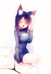  ;d ahri alternate_costume animal_ears bangs black_hair breasts cleavage cleavage_cutout couch eyebrows eyebrows_visible_through_hair fox_ears fox_tail fur hand_up league_of_legends long_hair long_sleeves looking_at_viewer medium_breasts meme_attire mizoreame multiple_tails one_eye_closed open-chest_sweater open_mouth ribbed_sweater shorts sitting sitting_on_object sleeves_past_wrists smile solo sweater swept_bangs tail waving whisker_markings white_background yellow_eyes 