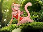  anthro armor bent_over bracers breasts cleavage clothed clothing dr_comet ear_piercing feline female fur hair invalid_tag mammal meeya necklace outside piercing pink_fur pink_hair rpg_densetsu_hepoi solo 