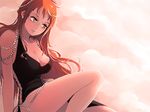  bare_arms bare_legs beads black_dress breasts cleavage cloud cloudy_sky dress earrings expressionless eyelashes jewelry large_breasts marmalade_(elfless_vanilla) nami_(one_piece) one_piece orange_eyes orange_hair sitting sky solo 