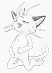  2015 animal_genitalia cat feline female feral greyscale looking_at_viewer mammal meowth monochrome nintendo one_eye_closed open_mouth pencil_(artwork) pok&eacute;mon pussy simple_background solo tongue tongue_out traditional_media_(artwork) video_games white_background wink yaroul 