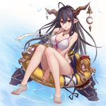  barefoot bikini blush breasts cleavage commentary_request danua doll draph granblue_fantasy hair_between_eyes horn_ornament horns jewelry large_breasts lemoo long_hair looking_at_viewer navel open_mouth pointy_ears purple_hair red_eyes solo swimsuit 