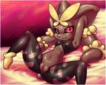  anthro bed box_xod breasts brown_fur clothing female fur hands_behind_head lagomorph looking_at_viewer lopunny lying mammal mega_evolution mega_lopunny navel nintendo on_back on_bed pillow pok&eacute;mon pussy rabbit red_eyes smile solo spread_legs spreading video_games 