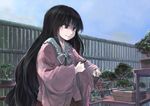  black_hair bonsai brown_eyes cloud cloudy_sky fence garden houraisan_kaguya ichiba_youichi long_hair long_sleeves red_eyes scissors sky smile solo touhou very_long_hair wide_sleeves 