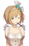  alternate_costume armlet breasts brown_eyes brown_hair choker cleavage djeeta_(granblue_fantasy) food granblue_fantasy hair_ornament hanarito heart looking_at_viewer medium_breasts mouth_hold one_eye_closed pocky short_hair simple_background smile solo superstar_(granblue_fantasy) upper_body white_background 