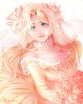  bare_shoulders blonde_hair blue_eyes bouquet bridal_veil dress dutch_angle erina_pendleton flower hair_flower hair_ornament jojo_no_kimyou_na_bouken long_hair mew_(epron) phantom_blood rose solo twitter_username upper_body veil wedding_dress 