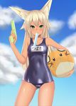  animal_ears ball beachball blonde_hair blush borrowed_character breasts covered_navel food fox_ears green_eyes hakuduki18 highres kokonoe_tsubaki long_hair looking_at_viewer one-piece_swimsuit one-piece_tan original popsicle school_swimsuit shiny shiny_clothes small_breasts solo star star-shaped_pupils swimsuit symbol-shaped_pupils tan tanline water_gun wet 