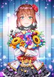  amami_haruka bouquet brown_hair choker clinexgrim commentary_request flower frilled_skirt frills green_eyes hair_flower hair_ornament hair_ribbon highres holding idolmaster idolmaster_(classic) idolmaster_movie long_sleeves looking_at_viewer ribbon short_hair skirt smile solo tears white_ribbon 