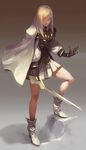  ankle_boots black_gloves blonde_hair boots cape full_body gloves high_heels highres horizon_(sushi0126) long_hair long_sleeves looking_at_viewer md5_mismatch original pleated_skirt shadow shirt skirt solo standing sword weapon yellow_eyes 