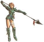  aelia bandages boots breastplate breasts full_body gauntlets green_eyes hauberk knee_boots lance leotard looking_at_viewer medium_breasts official_art orange_hair over_shoulder polearm pose scabbard sheath short_hair simple_background skirt solo sword unsheathed valkyrie_profile weapon white_background yoshinari_kou yoshinari_you 