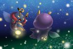  fireflies flower flying gen_3_pokemon glowing highres illumise insect_wings night no_humans pokemon pokemon_(creature) ria_(mari1101) star_(sky) volbeat wings 