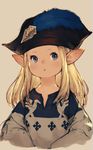  :o blonde_hair blue_eyes final_fantasy final_fantasy_xiv hat hat_feather highres junwool lalafell long_hair md5_mismatch open_mouth pointy_ears simple_background solo upper_body 