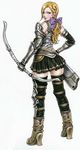  armor bandages bare_shoulders belt black_gloves black_legwear black_skirt blonde_hair boots bow bow_(weapon) breastplate elbow_gloves expressionless fantasy from_behind full_body gloves hair_bow hair_bun hand_on_hip high_heel_boots high_heels highres holding holding_weapon long_hair looking_at_viewer looking_back low_ponytail millidia miniskirt multiple_belts official_art pleated_skirt ponytail quiver simple_background skirt solo standing thighhighs valkyrie_profile valkyrie_profile_2 wavy_hair weapon white_background yoshinari_kou yoshinari_you zettai_ryouiki 