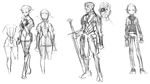  artbook breath_of_fire breath_of_fire_v concept_art eyepatch facial_hair full_body greyscale monochrome mustache navel official_art pointy_ears simple_background sketch solo standing sword weapon white_background 