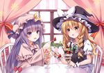  apron blonde_hair blush bow braid capelet chair crease crescent cup curtains food fruit hair_bow hair_ornament hat hat_ribbon highres ice_cream kirisame_marisa kure~pu long_hair long_sleeves looking_at_another mob_cap multiple_girls non-web_source open_mouth patchouli_knowledge puffy_sleeves purple_eyes purple_hair ribbon scan scan_artifacts shirt short_sleeves side_braid single_braid sitting smile spoon strawberry table touhou vest waist_apron wide_sleeves window witch_hat wrist_cuffs yellow_eyes 