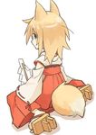  animal_ears blonde_hair blue_eyes commentary_request fox_ears fox_tail from_behind geta gohei hakama highres japanese_clothes looking_at_viewer looking_back miko original red_hakama senhappyaku shide simple_background sitting solo tail wariza white_background 