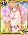  between_breasts bikini breasts card_(medium) front-tie_top hair_ornament hand_between_breasts high_school_dxd large_breasts long_hair navel official_art orange_hair purple_eyes sarong shidou_irina sideboob smile solo strap_gap swimsuit trading_card twintails underboob undersized_clothes 