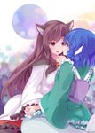  animal_ears blue_eyes blue_hair blush couple eye_contact fang head_fins highres holding_hands imaizumi_kagerou japa long_hair looking_at_another mermaid monster_girl multiple_girls open_mouth red_eyes short_hair touhou wakasagihime yuri 