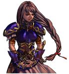  arm_guards blue_armor braid breastplate breasts brooch brown_hair cowboy_shot emerald floating_hair frown gem jewelry lenneth_valkyrie long_braid long_hair medium_breasts official_art sad scabbard sheath shoulder_pads simple_background single_braid skirt solo sword valkyrie_profile very_long_hair weapon white_background yoshinari_kou yoshinari_you 