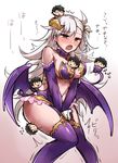  1girl :3 ahoge bare_shoulders between_breasts between_legs blush braid breasts chibi closed_eyes collar commentary_request cosplay covering covering_crotch demon_girl demon_horns demon_tail demon_wings detached_sleeves embarrassed fate/grand_order fate_(series) fujimaru_ritsuka_(male) halloween halloween_princess_(fate/grand_order) hand_between_legs happy horns irisviel_von_einzbern irisviel_von_einzbern_(cosplay) kneehighs large_breasts licking long_hair navel ohitashi_netsurou olga_marie_animusphere open_mouth partially_translated petting short_hair sideboob succubus tail tears thighs tongue tongue_out translation_request trembling wings 