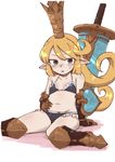  bangs bikini blonde_hair blue_bikini blue_eyes blush charlotta_fenia crown ear_blush granblue_fantasy groin hair_between_eyes harvin kasupikai long_hair navel nose_blush simple_background sitting solo swimsuit sword weapon white_background 