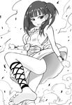  ankle_cuffs ankle_lace-up barefoot blush breasts cross-laced_footwear cuffs debris dirty dress dust feet greyscale kenta_enigma magi_the_labyrinth_of_magic monochrome morgiana one_side_up sideboob small_breasts smile smoke soles solo toes torn_clothes white_dress 