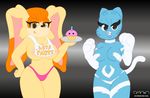  2015 anthro biting_lip breasts cat clothed clothing cosplay cupcake darkstalkers digital_media_(artwork) felicia_(darkstalkers) feline five_nights_at_freddy&#039;s five_nights_at_freddy&#039;s_2 flat_colors food half-dressed lagomorph licking licking_lips looking_at_viewer mammal navel nicole_watterson panties pgm-m rabbit seductive simple_background sonic_(series) the_amazing_world_of_gumball tongue tongue_out toy_chica_(fnaf) underwear vanilla_the_rabbit video_games 