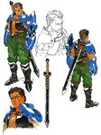  arm_guards arngrim behind_back boots character_sheet clenched_hands close-up concept_art face gauntlets greatsword knee_boots male_focus multiple_views muscle official_art pants shoulder_pads standing unsheathed valkyrie_profile vest white_background yoshinari_kou yoshinari_you 
